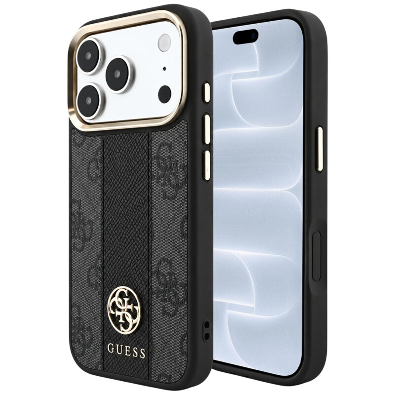 Husa Guess iPhone 18 Pro Leather 4G Stripe Round Classic Logo MagSafe, negru, GUHMP18L6P4G4RCK