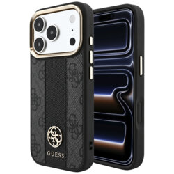 Husa Guess iPhone 17 Pro Leather 4G Stripe Round Classic Logo MagSafe, negru, GUHMP18L6P4G4RCK