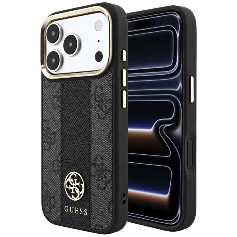 Husa Guess iPhone 17 Pro Leather 4G Stripe Round Classic Logo MagSafe, negru, GUHMP18L6P4G4RCK
