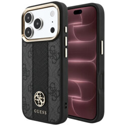 Husa Guess iPhone 18 Pro Max Leather 4G Stripe Round Classic Logo MagSafe, negru, GUHMP18X6P4G4RCK