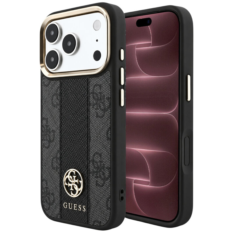 Husa Guess iPhone 18 Pro Max Leather 4G Stripe Round Classic Logo MagSafe, negru, GUHMP18X6P4G4RCK
