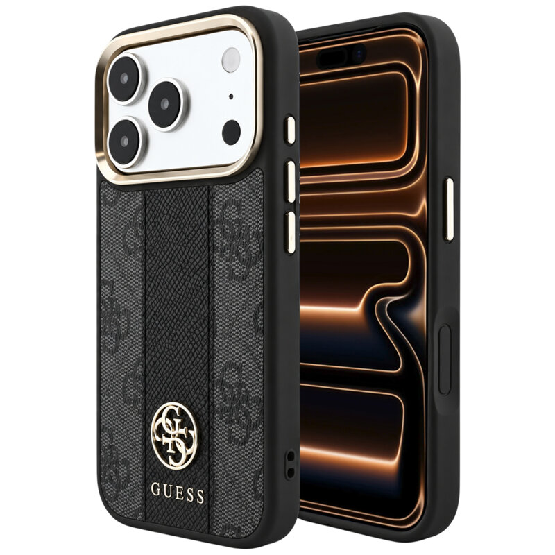 Husa Guess iPhone 17 Pro Max Leather 4G Stripe Round Classic Logo MagSafe, negru, GUHMP18X6P4G4RCK