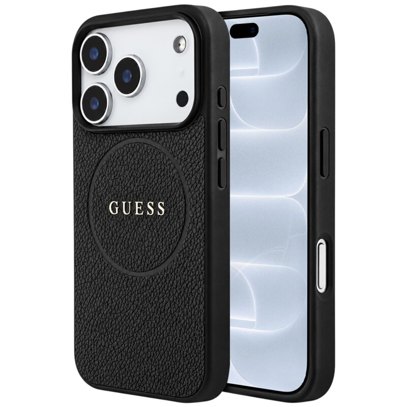 Husa iPhone 18 Pro Guess Grained Gold Ring MagSafe, negru, GUHMP18LPGHSMMK