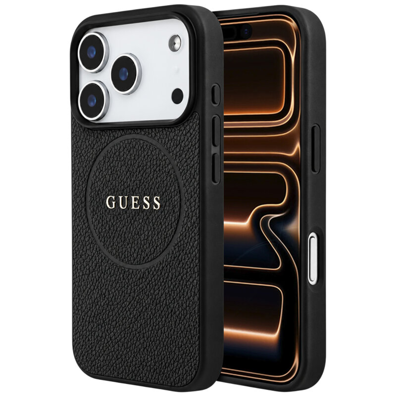 Husa iPhone 17 Pro Max Guess Grained Gold Ring MagSafe, negru, GUHMP18XPGHSMMK