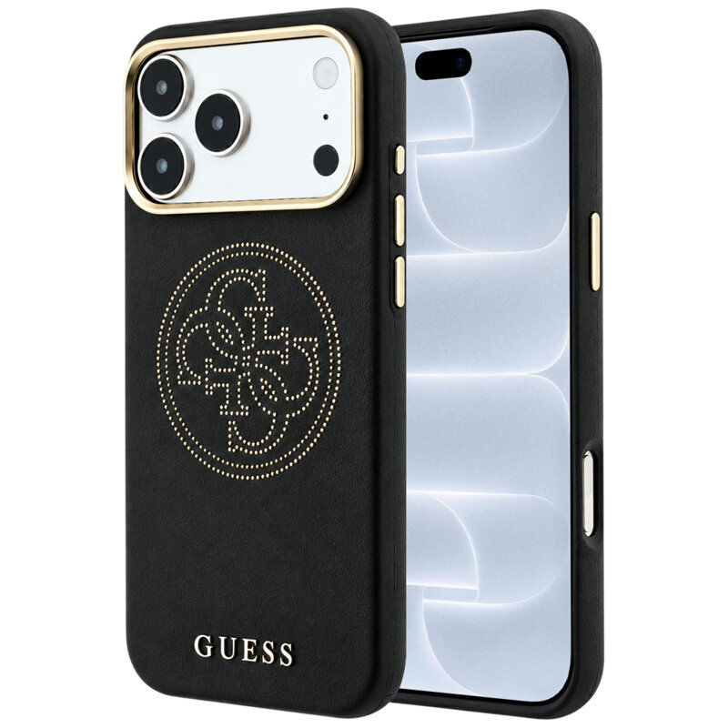 Husa iPhone 18 Pro Guess Leather Perforated 4G MagSafe, negru, GUHMP18L6PS4SRGK