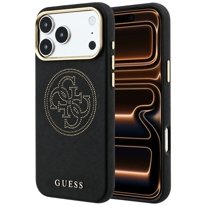 Husa iPhone 17 Pro Max Guess Leather Perforated 4G MagSafe, negru, GUHMP18X6PS4SRGK