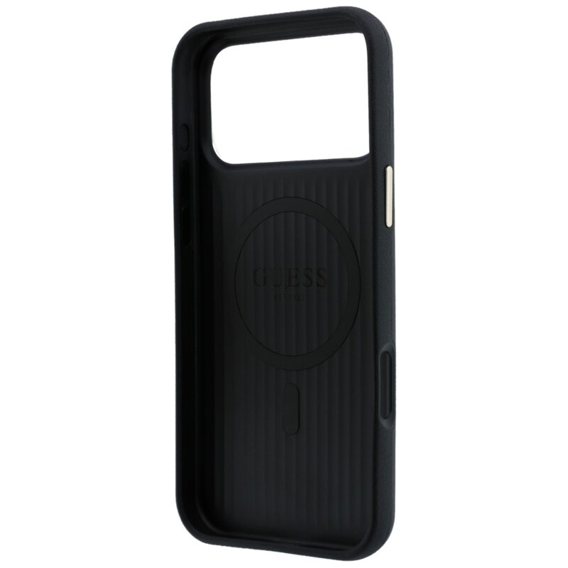 Husa iPhone 17 Pro Max Guess Leather Perforated 4G MagSafe, negru, GUHMP18X6PS4SRGK