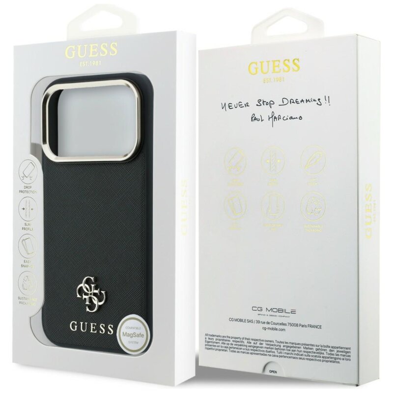 Husa Guess Saffiano Small 4G Classic MagSafe iPhone 17 Pro Max, negru, GUHMP18X6PSA4DMK