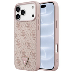 Husa iPhone 18 Pro Guess Leather 4G Triangle Strass MagSafe, roz, GUHMP18LP4TDPP