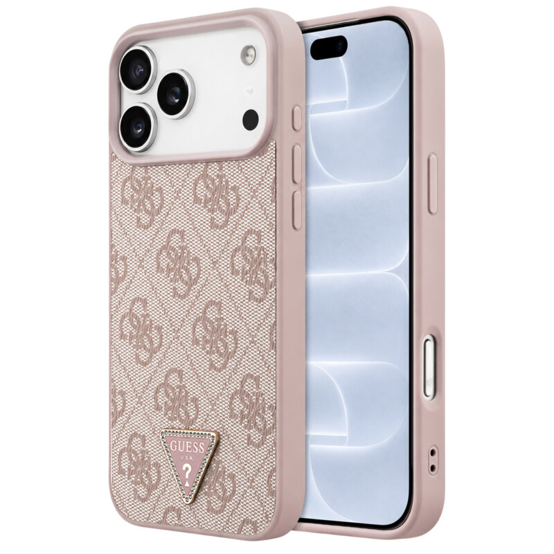 Husa iPhone 18 Pro Guess Leather 4G Triangle Strass MagSafe, roz, GUHMP18LP4TDPP