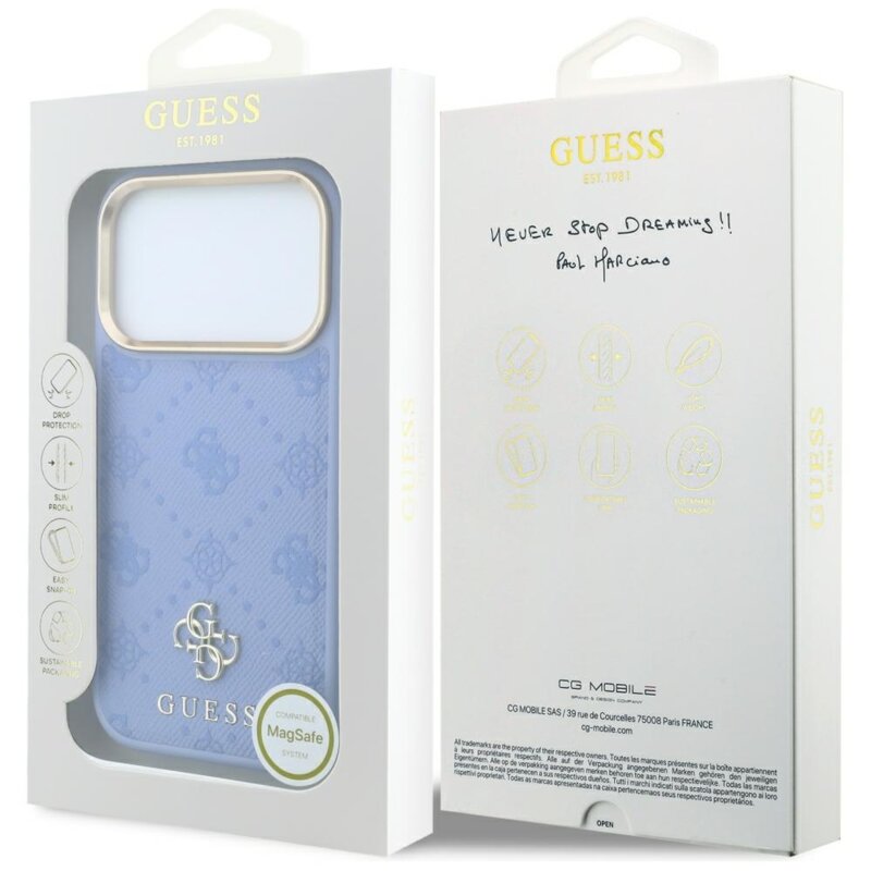 Husa iPhone 18 Pro Guess Peony 4G Small Logo MagSafe, bleu, GUHMP18L6PGS4NPB