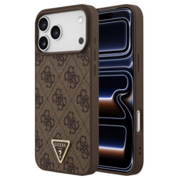 Husa iPhone 17 Pro Guess Leather 4G Triangle Strass MagSafe, maro, GUHMP18LP4TDPW