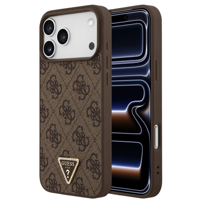 Husa iPhone 17 Pro Guess Leather 4G Triangle Strass MagSafe, maro, GUHMP18LP4TDPW