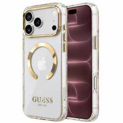 Husa iPhone 18 Pro Max originala Guess Metal Outline MagSafe, auriu, GUHMP18XHTRMD