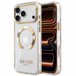 Husa iPhone 17 Pro Max originala Guess Metal Outline MagSafe, auriu, GUHMP18XHTRMD