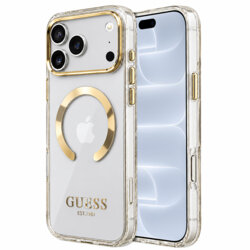 Husa iPhone 18 Pro originala Guess Metal Outline MagSafe, auriu, GUHMP18LHTRMD