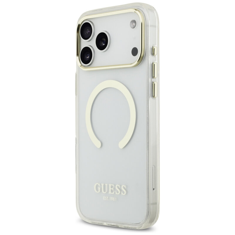 Husa iPhone 18 Pro originala Guess Metal Outline MagSafe, auriu, GUHMP18LHTRMD