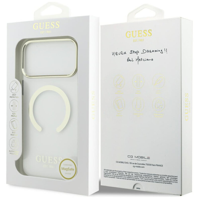 Husa iPhone 18 Pro originala Guess Metal Outline MagSafe, auriu, GUHMP18LHTRMD