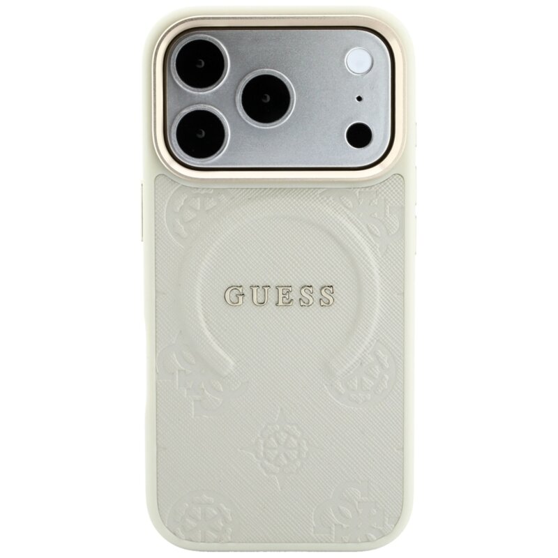 Husa iPhone 18 Pro Max Guess Saffiano Peony & Ring MagSafe, bej, GUHMP18XPSAMSECE