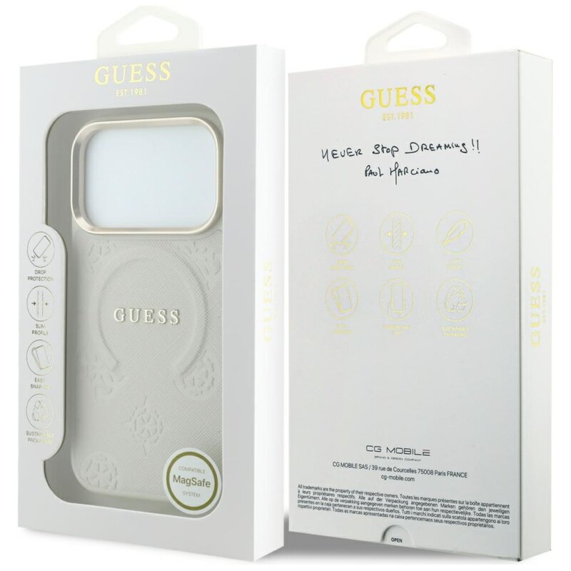 Husa iPhone 18 Pro Max Guess Saffiano Peony & Ring MagSafe, bej, GUHMP18XPSAMSECE