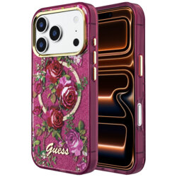 Husa iPhone 17 Pro Max originala Guess IML Glitter Blossom Roses MagSafe, bordo, GUHMP18X6HTBGSLU