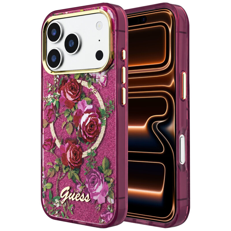 Husa iPhone 17 Pro Max originala Guess IML Glitter Blossom Roses MagSafe, bordo, GUHMP18X6HTBGSLU