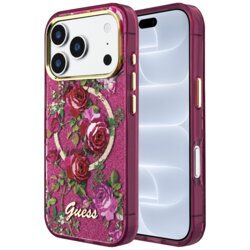 Husa iPhone 18 Pro originala Guess IML Glitter Blossom Roses MagSafe, bordo, GUHMP18L6HTBGSLU