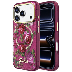 Husa iPhone 17 Pro originala Guess IML Glitter Blossom Roses MagSafe, bordo, GUHMP18L6HTBGSLU