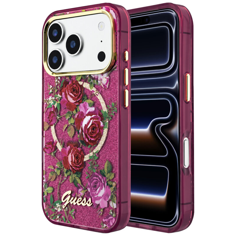Husa iPhone 17 Pro originala Guess IML Glitter Blossom Roses MagSafe, bordo, GUHMP18L6HTBGSLU