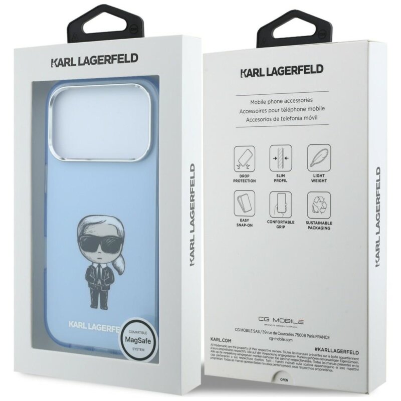 Husa iPhone 18 Pro Max Karl Lagerfeld IML Ikonik Sketch Print MagSafe, bleu, KLHMP18X6HKIKDB