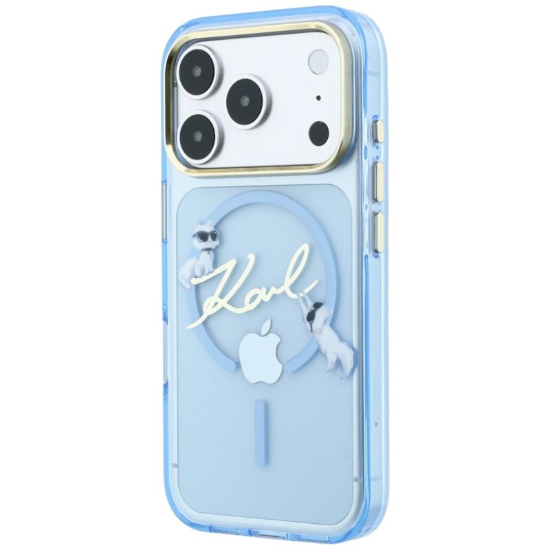 Husa iPhone 18 Pro Karl Lagerfeld IML Karl Script Logo MagSafe, bleu, KLHMP18L5HKSCAL