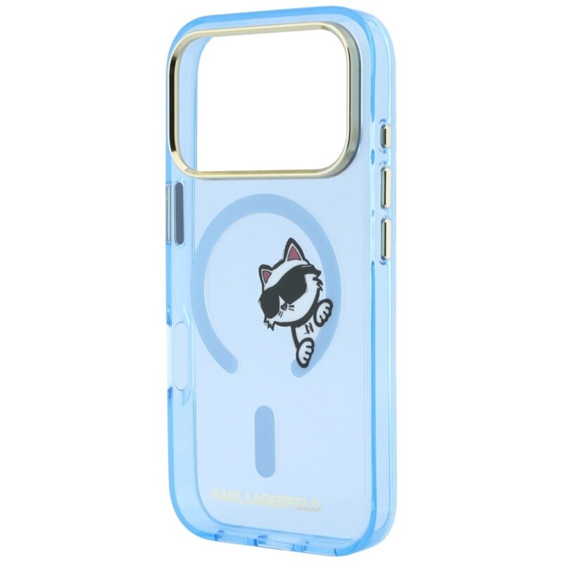 Husa iPhone 18 Pro Karl Lagerfeld IML Peekaboo Print Metal Frame MagSafe, bleu, KLHMP18L6HCPSCB