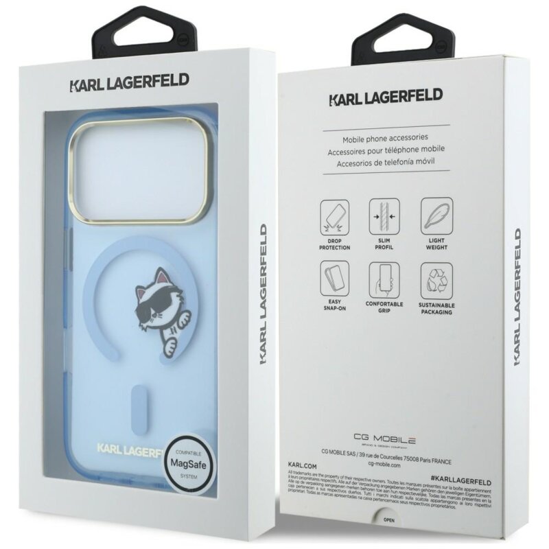 Husa iPhone 18 Pro Karl Lagerfeld IML Peekaboo Print Metal Frame MagSafe, bleu, KLHMP18L6HCPSCB