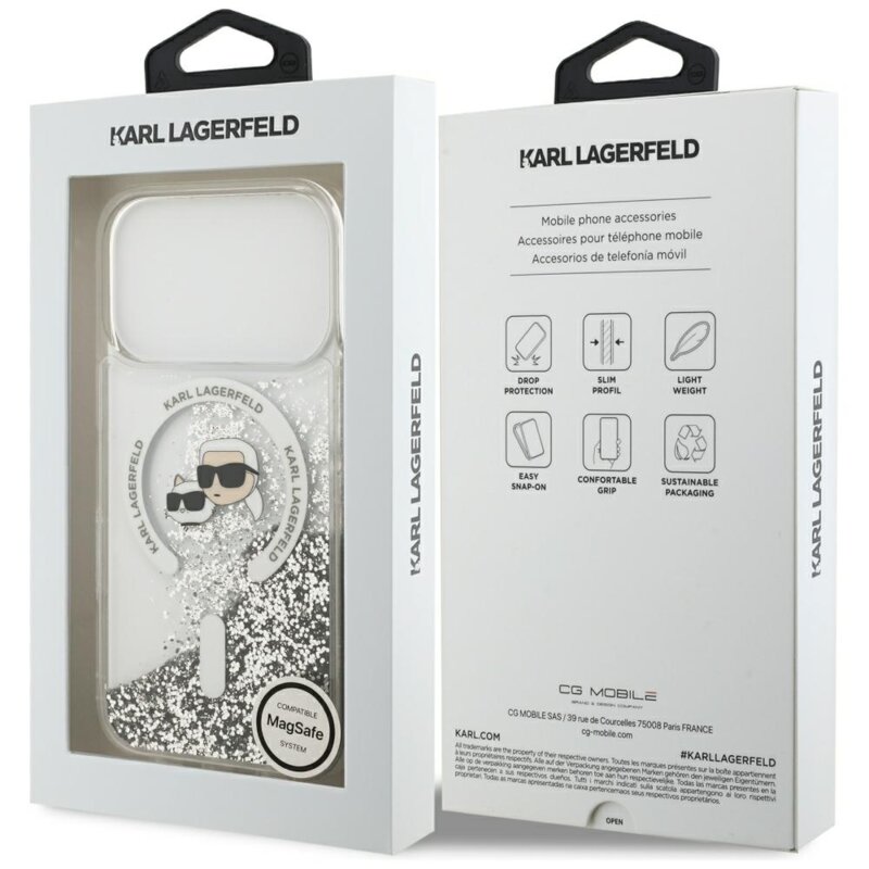Husa Karl Lagerfeld iPhone 18 Pro Liquid Glitter KC Heads MagSafe, clear, KLHMP18LLGKCSGH