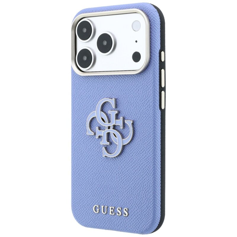 Husa originala Guess iPhone 18 Pro Max Grained Leather and Big Resin Logo, bleu, GUHCP18X6PSS4RGB