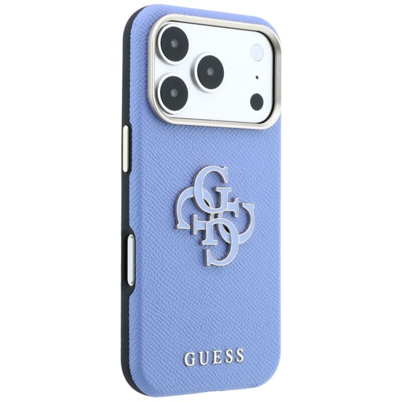 Husa originala Guess iPhone 18 Pro Grained Leather and Big Resin Logo, bleu, GUHCP18L6PSS4RGB