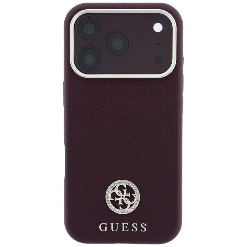 Husa originala Guess iPhone 18 Pro Grained Leather Round Strass Logo MagSafe, bordo, GUHMP18L6PSRMDEU