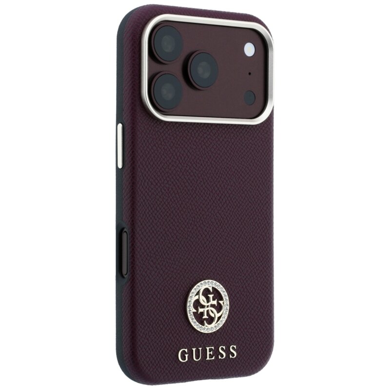 Husa originala Guess iPhone 18 Pro Grained Leather Round Strass Logo MagSafe, bordo, GUHMP18L6PSRMDEU