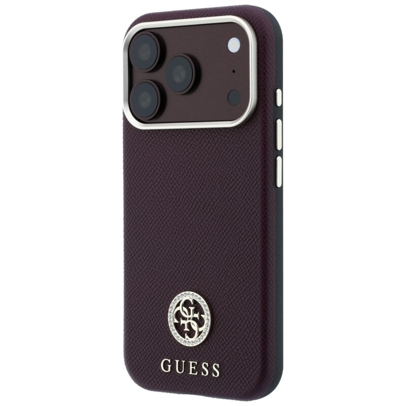 Husa originala Guess iPhone 18 Pro Grained Leather Round Strass Logo MagSafe, bordo, GUHMP18L6PSRMDEU