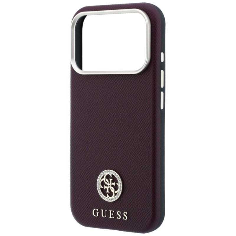 Husa originala Guess iPhone 18 Pro Grained Leather Round Strass Logo MagSafe, bordo, GUHMP18L6PSRMDEU