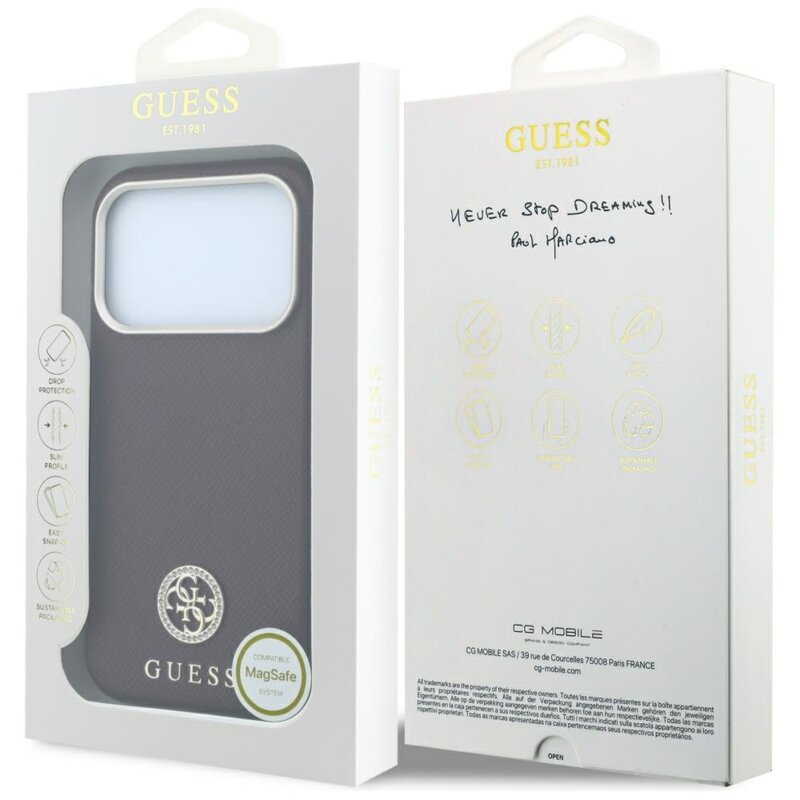 Husa originala Guess iPhone 18 Pro Grained Leather Round Strass Logo MagSafe, bordo, GUHMP18L6PSRMDEU