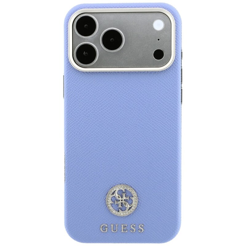 Husa originala Guess iPhone 18 Pro Grained Leather Round Strass Logo MagSafe, bleu, GUHMP18L6PSRMDEB