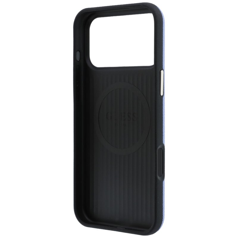 Husa originala Guess iPhone 18 Pro Grained Leather Round Strass Logo MagSafe, bleu, GUHMP18L6PSRMDEB