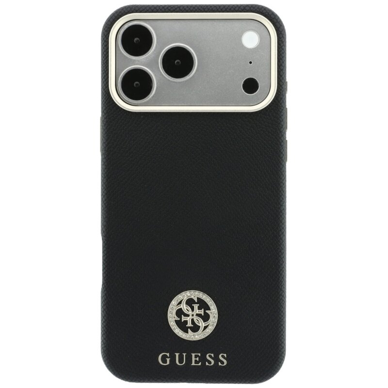 Husa originala Guess iPhone 18 Pro Grained Leather Round Strass Logo MagSafe, negru, GUHMP18L6PSRMDEK