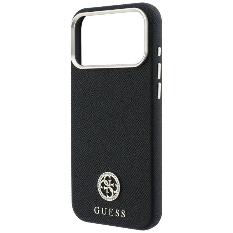 Husa originala Guess iPhone 18 Pro Grained Leather Round Strass Logo MagSafe, negru, GUHMP18L6PSRMDEK