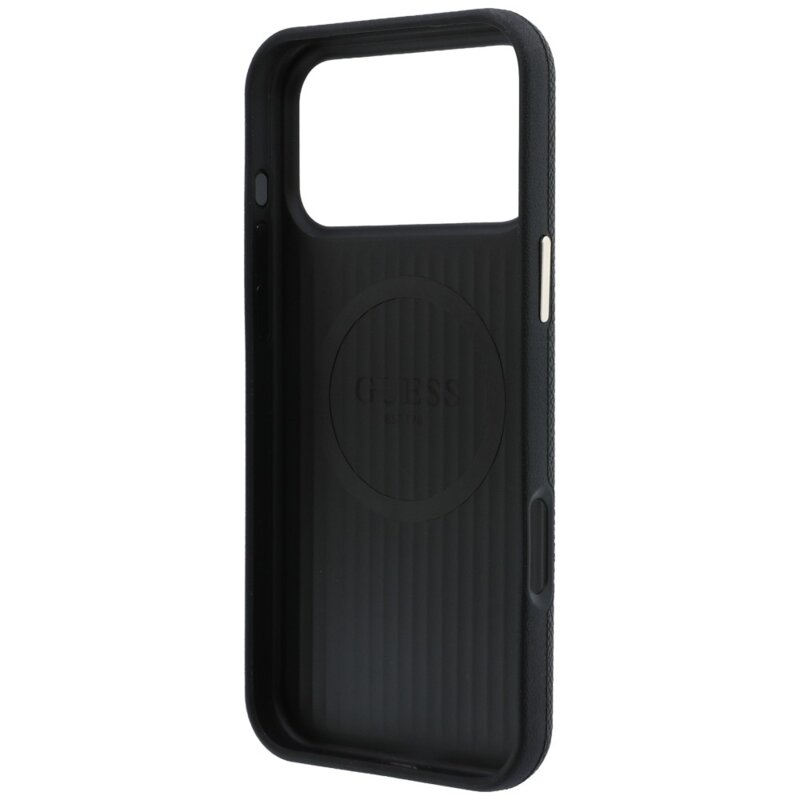 Husa originala Guess iPhone 18 Pro Grained Leather Round Strass Logo MagSafe, negru, GUHMP18L6PSRMDEK