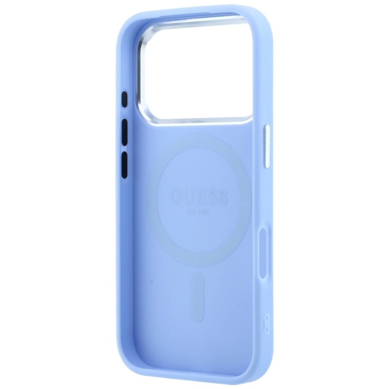 Husa iPhone 18 Pro Guess Grained Triangle Logo MagSafe, albastru, GUHMP18LPGSMTLSB