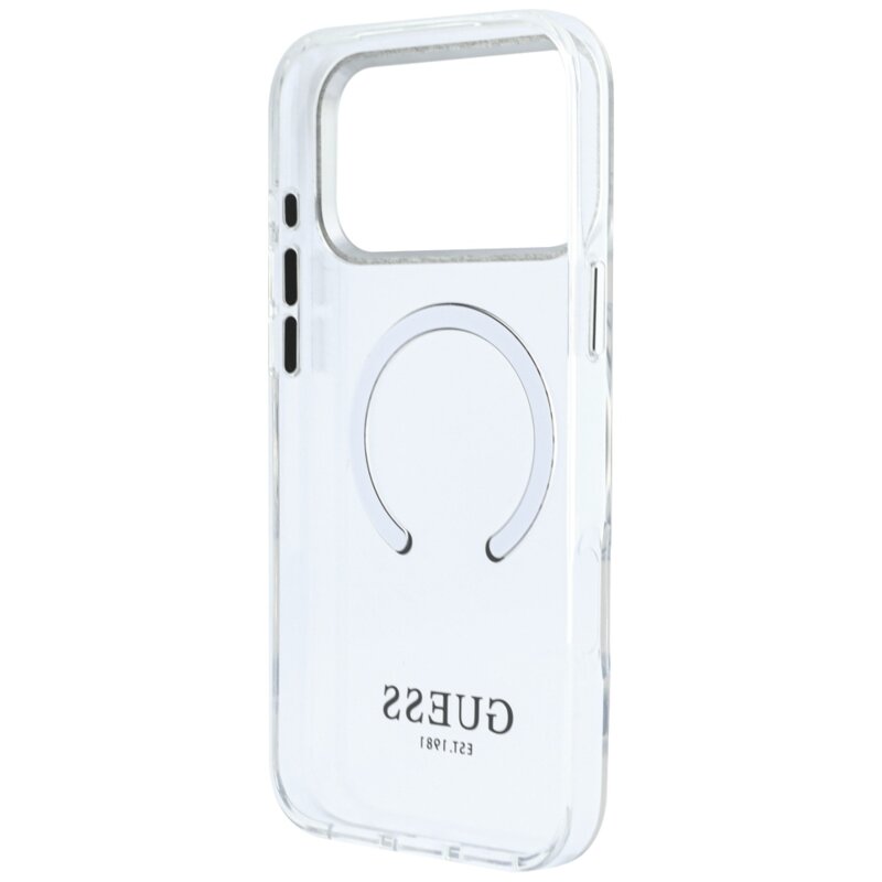 Husa iPhone 18 Pro Max originala Guess Metal Outline MagSafe, argintiu, GUHMP18XHTRMS