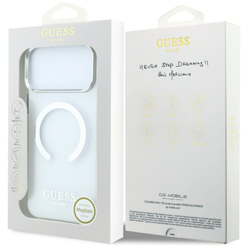 Husa iPhone 18 Pro Max originala Guess Metal Outline MagSafe, argintiu, GUHMP18XHTRMS