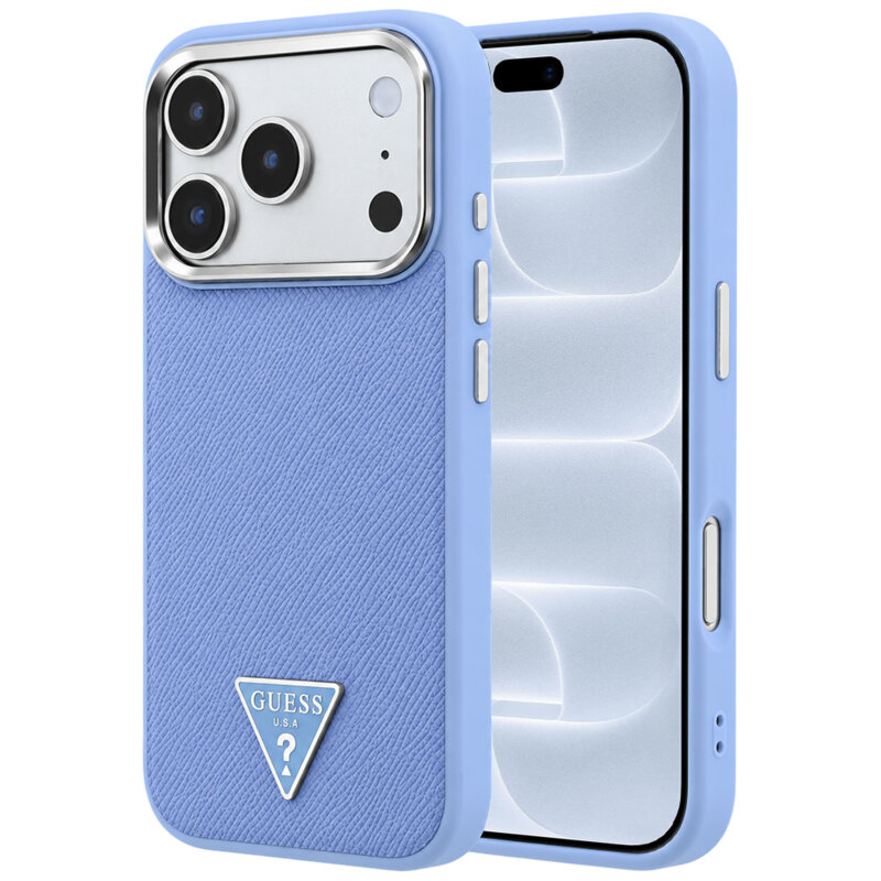 Husa iPhone 18 Pro Guess Grained Triangle Logo MagSafe, albastru, GUHMP18LPGSMTLSB